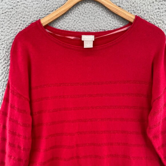 Chicos Sweater Womens 1 US Medium Red Zenergy Cotton Cashmere Blend Lurex Stripe - Picture 2 of 9